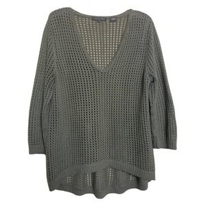 JEANNE PIERRE MILITARY GREEN SWEATER SIZE L 3/4 SLEEVES OPEN KNIT V- NECK